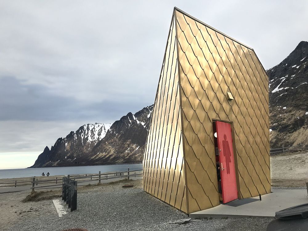 Gold-clad toilet building at Ersfjordstranda beach on Senja
